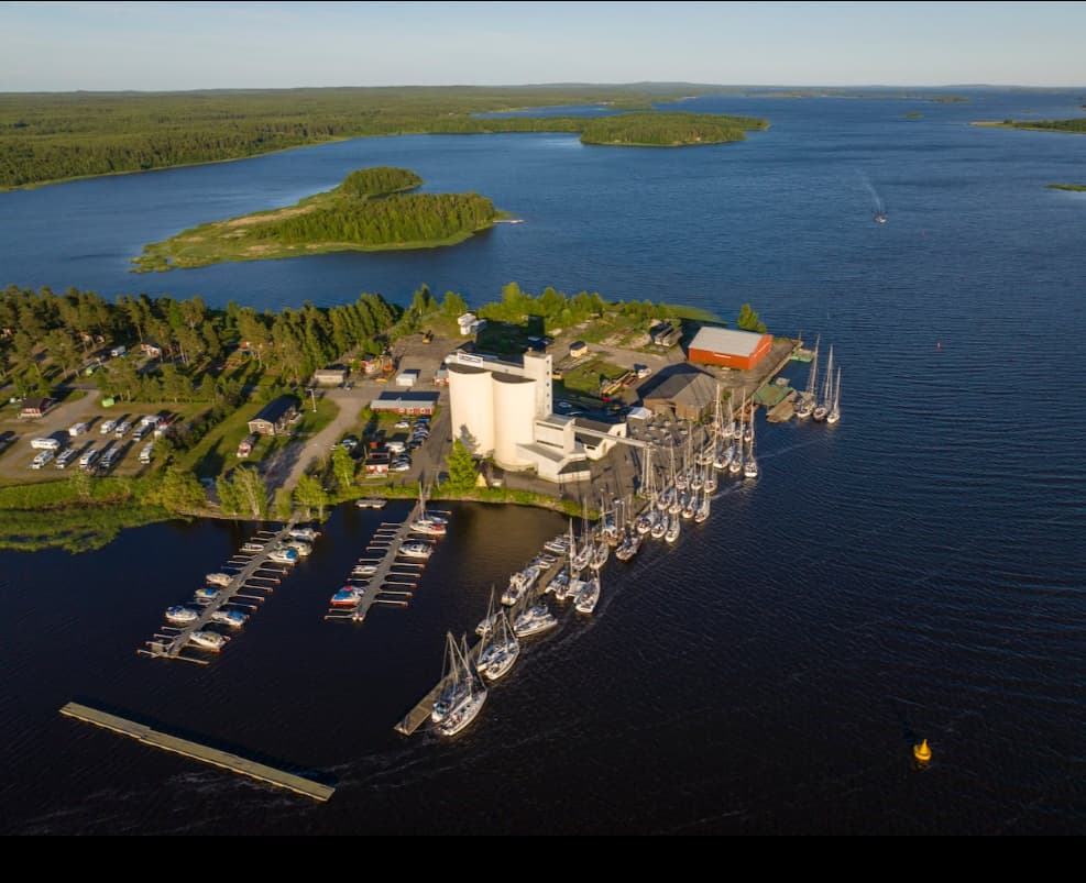 Aerial view of Töre harbor with sailboats and the Bay of Bothnia
