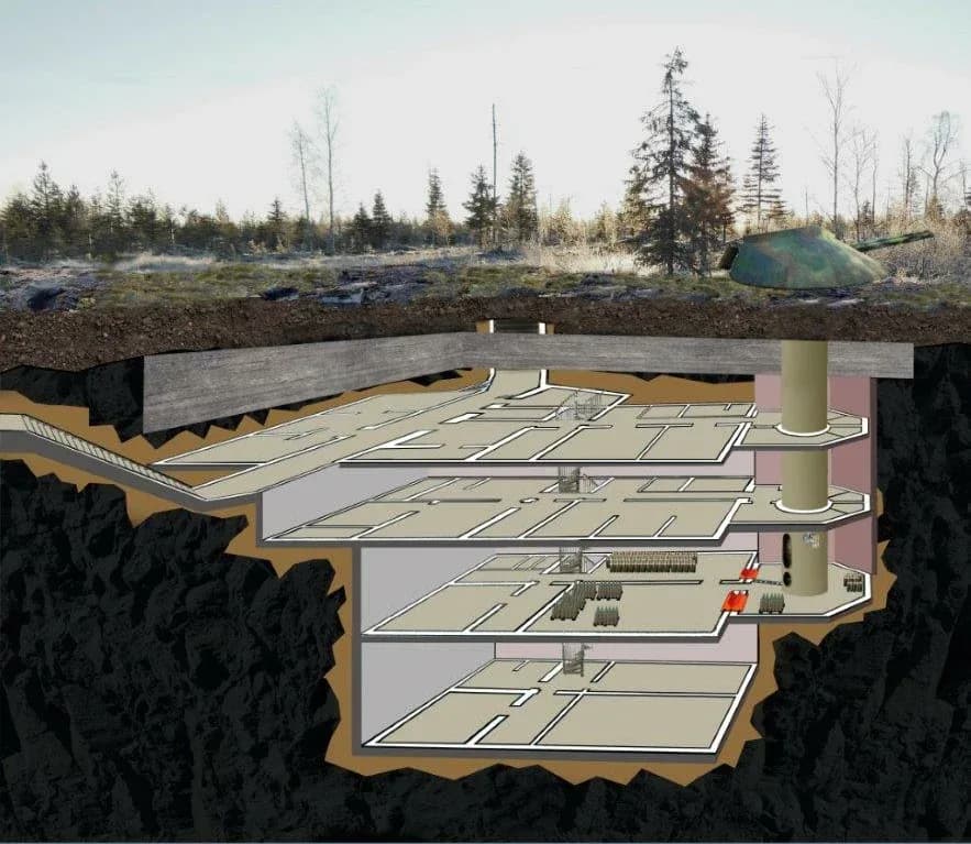 Siknäsfortet cross-section diagram showing 4 underground levels